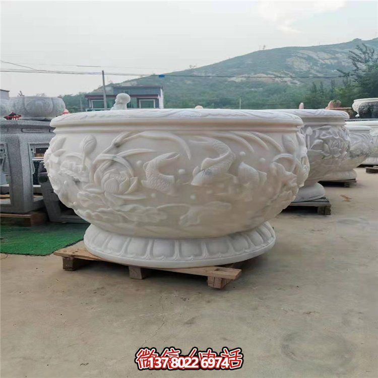 古典經典，漢白玉鯉魚雕刻圓形水缸