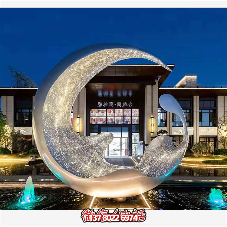 不銹鋼月亮水滴雕塑，透光水景裝飾雕塑